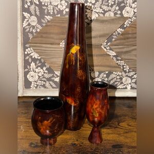Vietnamese lacquered wood vase, Saki And Wine Cup hand-painted goldfish Signed